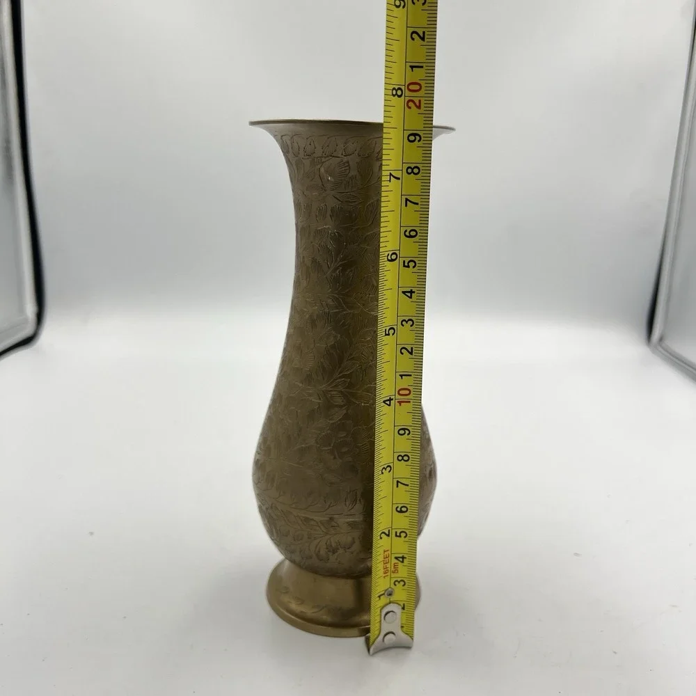 Vintage Etched Brass Vase 7.5